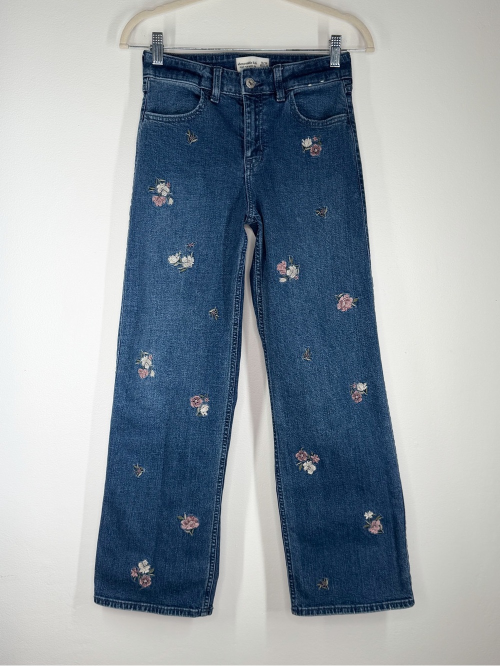 Abercrombie Kids Floral Embroidered High Rise Wide Leg Blue Jeans Kids 13/14 Reg